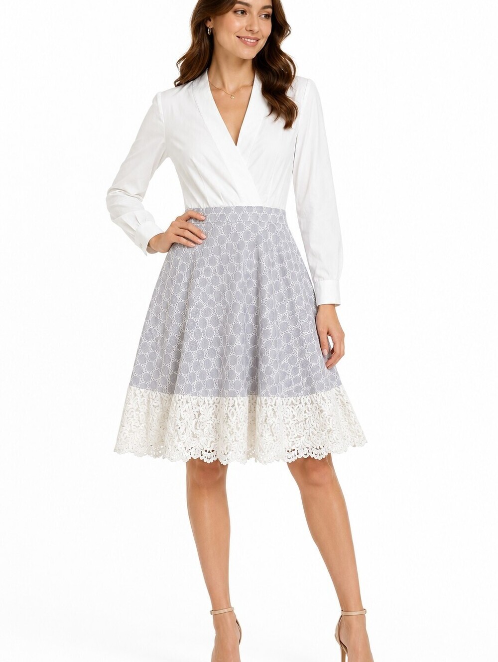 French Connection White & Gray Lace Fit & Flare Dress  Long Sleeve V-Neck-Size 2